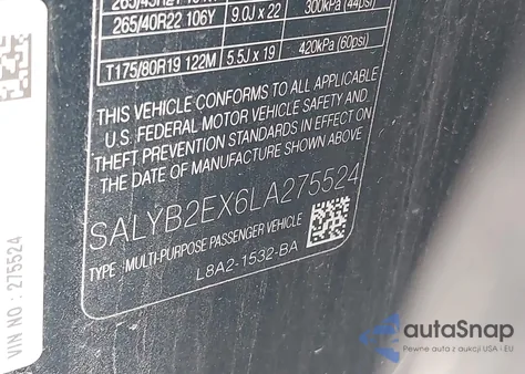 2020 Land Rover Range Rover Velar P250 S from USA, damaged, VIN SALYB2EX6LA275524